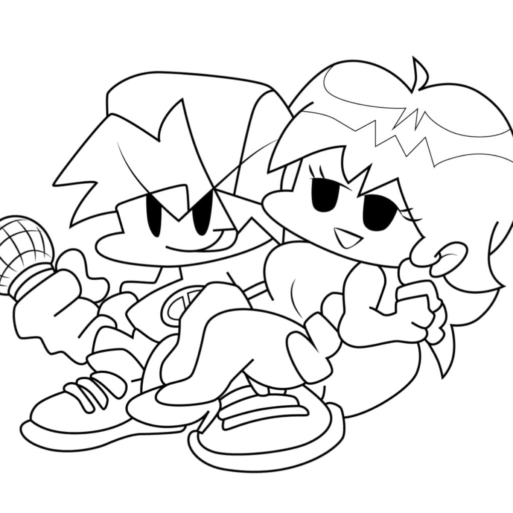 Black-and-white cartoon boy and girl holding microphone