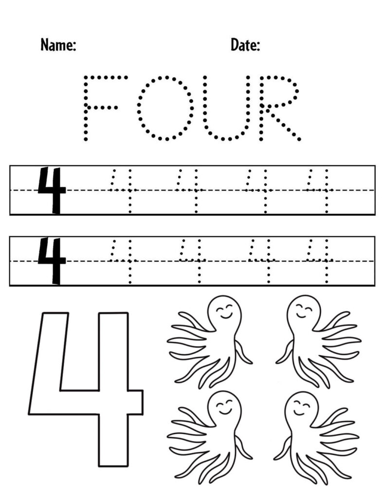 Four tracing worksheet with octopus illustrations and number 4s