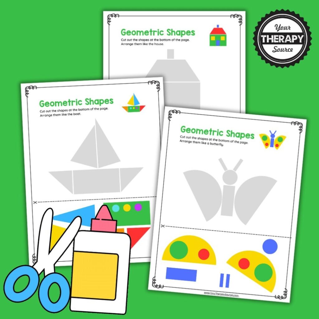 Three geometric shapes worksheet pages on green background
