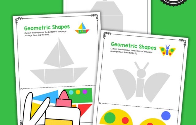 Three geometric shapes worksheet pages on green background