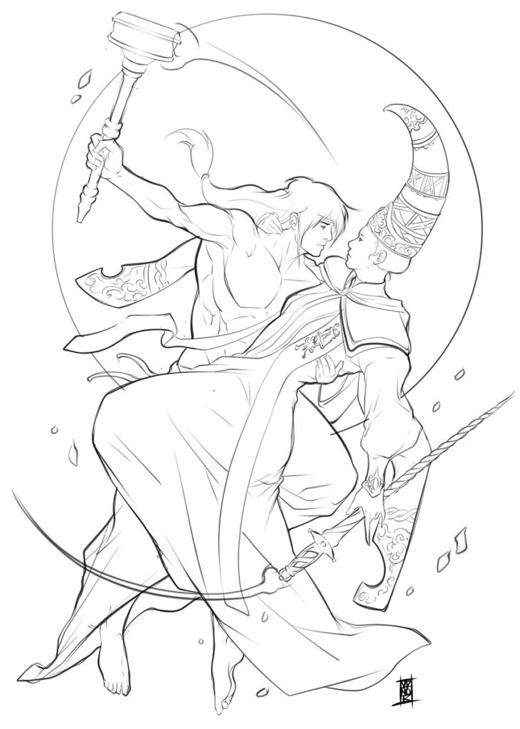 Black-and-white drawing of two fantasy warriors facing each other