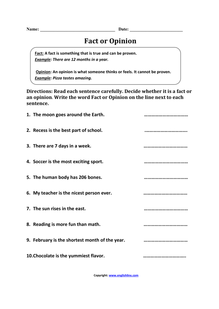 Fact or Opinion worksheet with numbered sentences