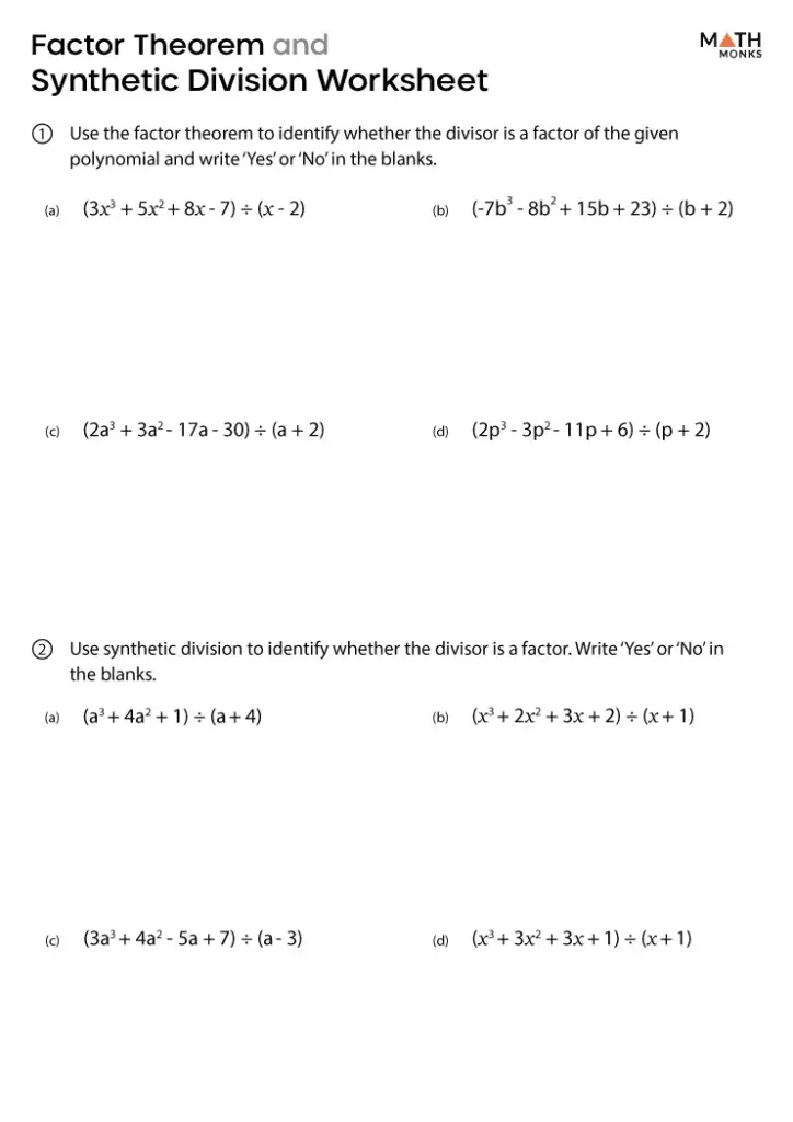 Factor theorem and synthetic division worksheet page with algebra problems