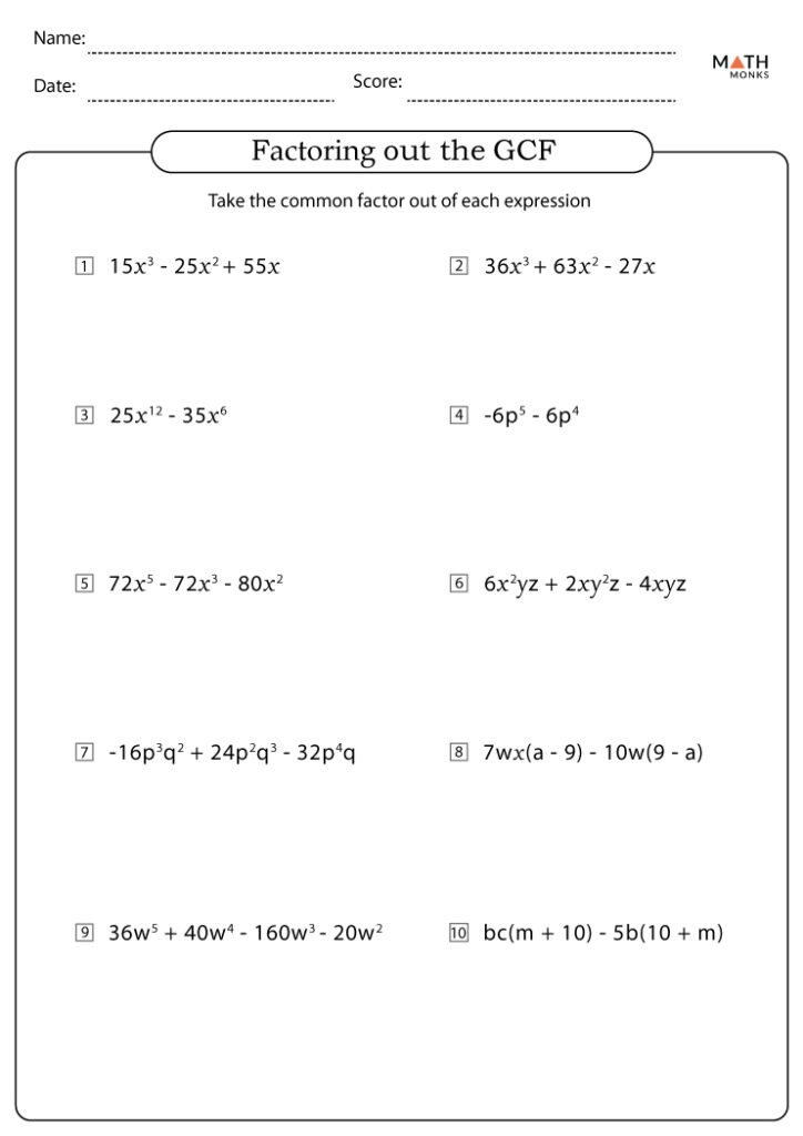 Math worksheet titled Factoring out the GCF with ten problems