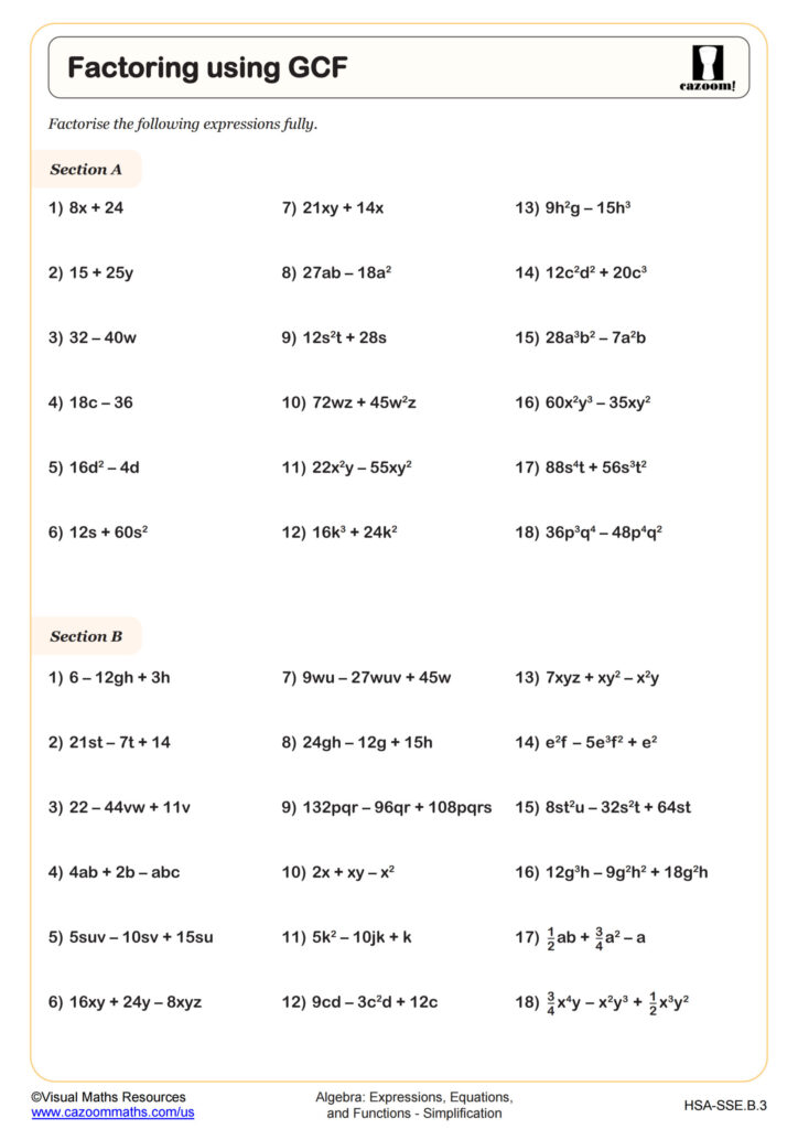 Math worksheet titled “Factoring using GCF” with expressions