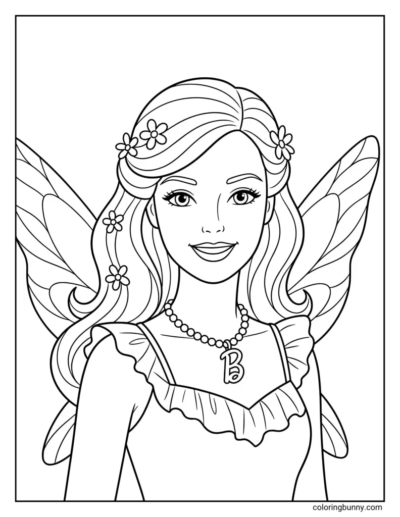 Black-and-white fairy princess coloring page with wings and flowers