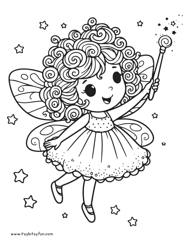 Cartoon fairy holding a wand, surrounded by stars