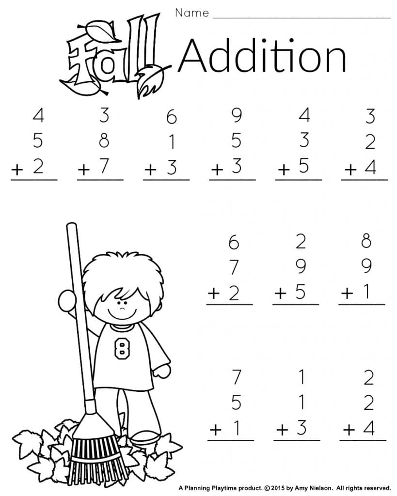 Fall-themed addition worksheet with child and broom illustration