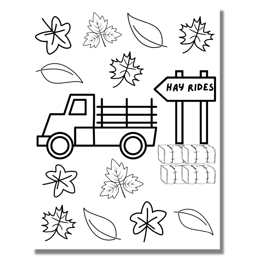 Black-and-white fall coloring page with hay ride truck and leaves