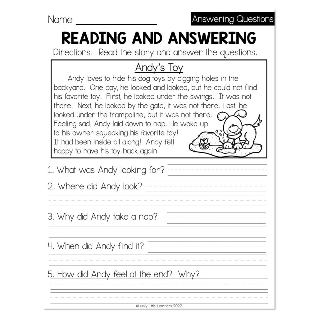 Reading worksheet about Andy's toy, with questions and dog illustration