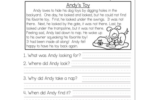 Reading worksheet about Andy's toy, with questions and dog illustration
