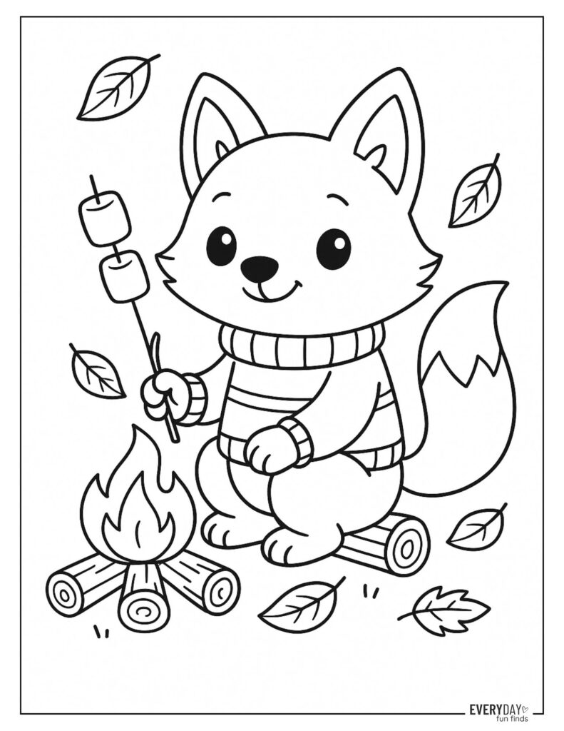 Cartoon fox roasting marshmallows beside a campfire