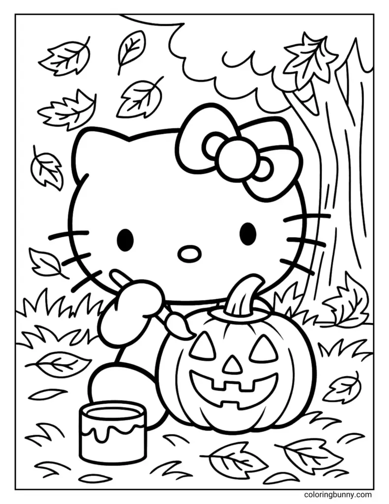Hello Kitty with bow sits beside a carved pumpkin.