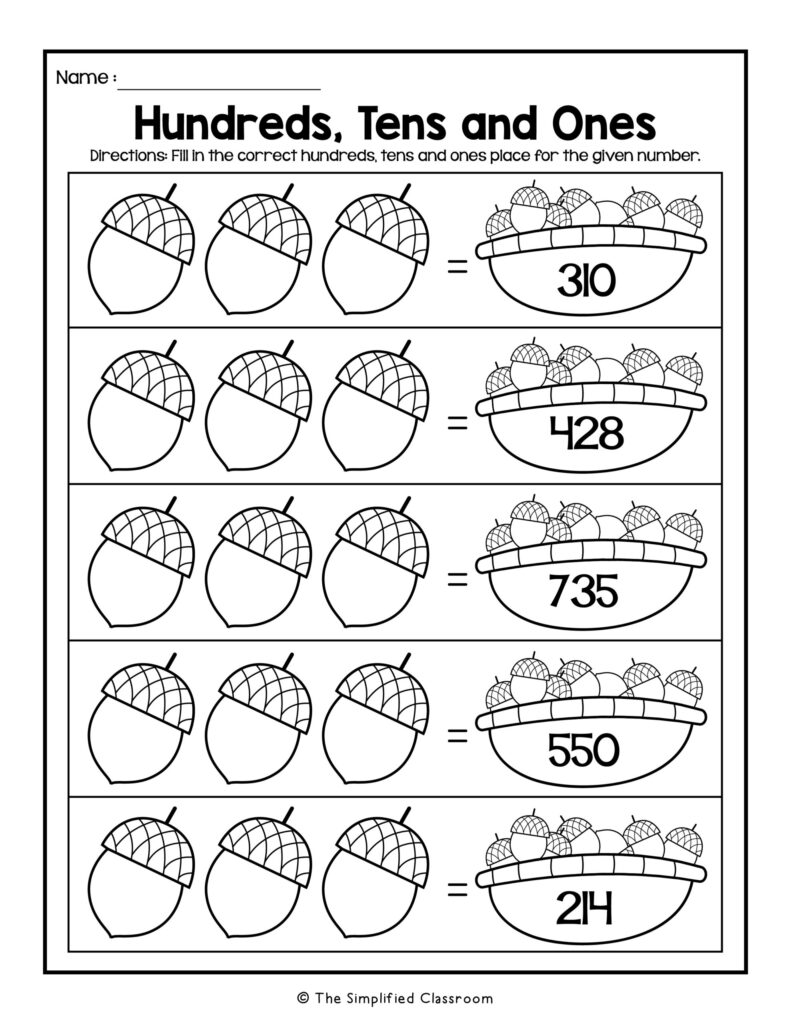 Acorn hundreds tens ones worksheet with numbered baskets