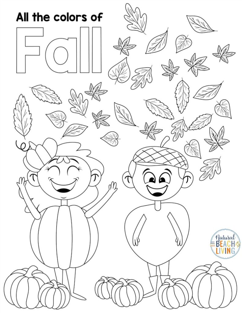 Fall coloring page with smiling children and leaves
