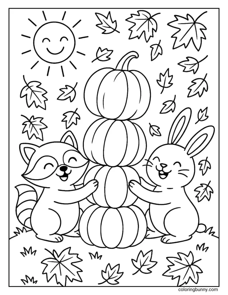 Fall coloring page with pumpkins, raccoon, bunny, and leaves