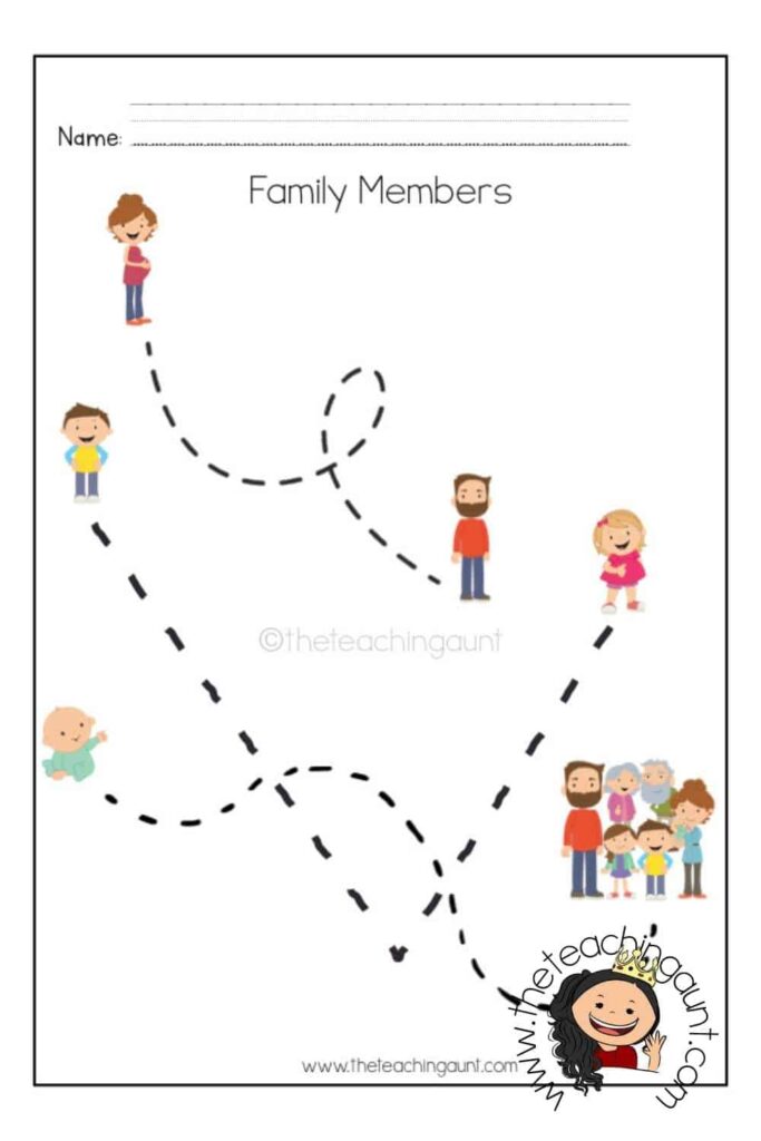 Family members tracing worksheet with cartoon people and dotted lines