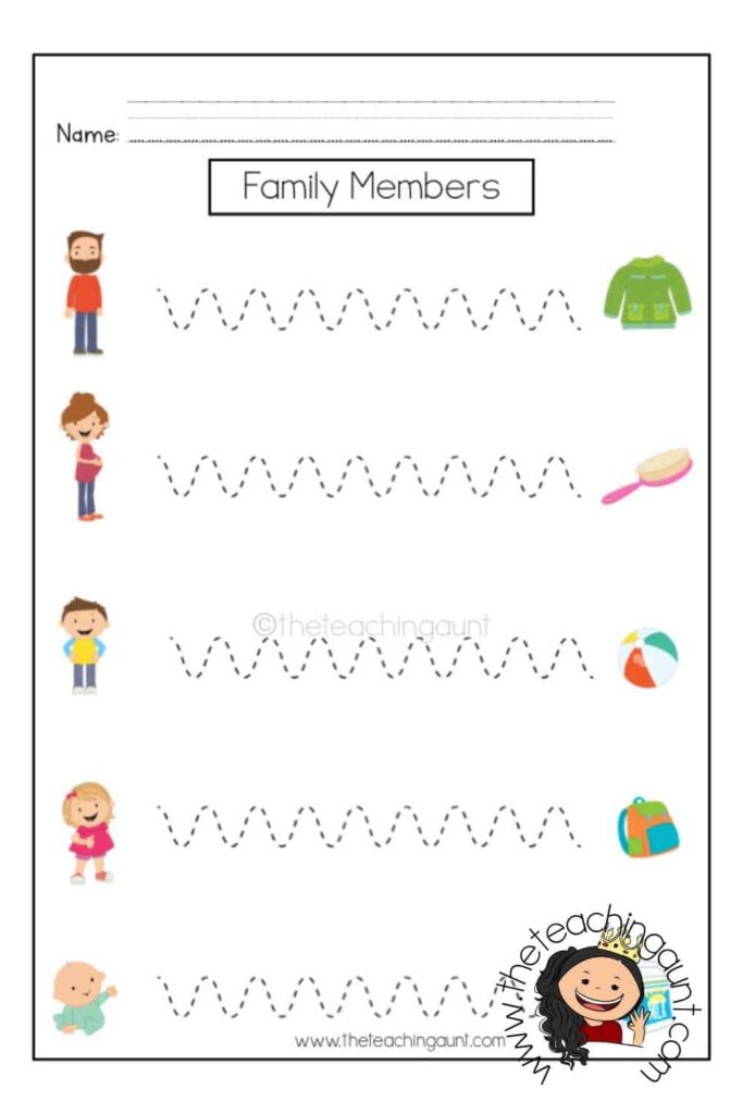 Family members tracing worksheet with cartoon children and items