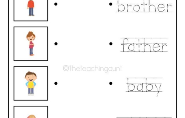 Family Members trace-and-match worksheet with cartoon children and adults