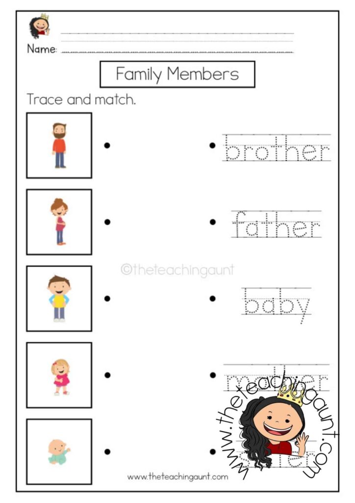 Family Members trace-and-match worksheet with cartoon children and adults