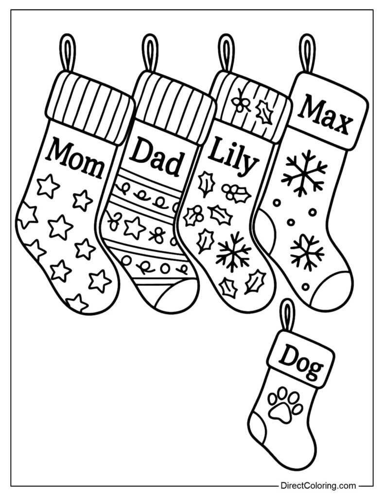 Four decorated stockings labeled Mom, Dad, Lily, Max, Dog