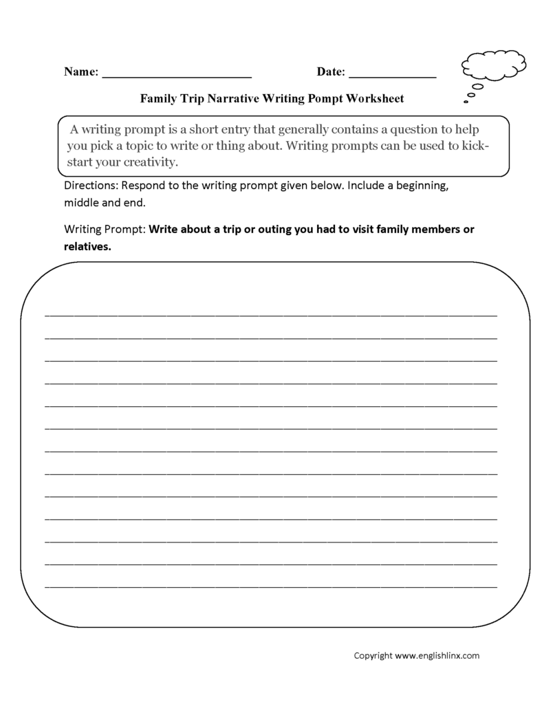 Family trip narrative writing prompt worksheet with lined space