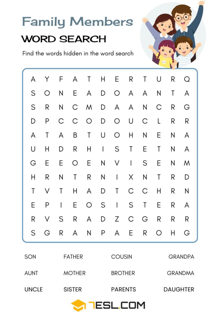 Family members word search puzzle with cartoon family illustration