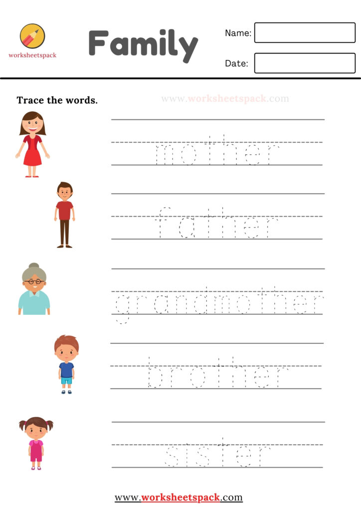 Family tracing worksheet with cartoon people and name fields