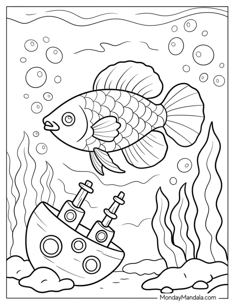 Black-and-white coloring page of fish near shipwreck underwater