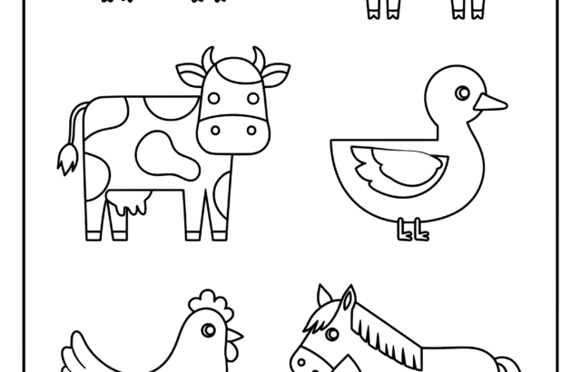 Six farm animal coloring page outlines in grid