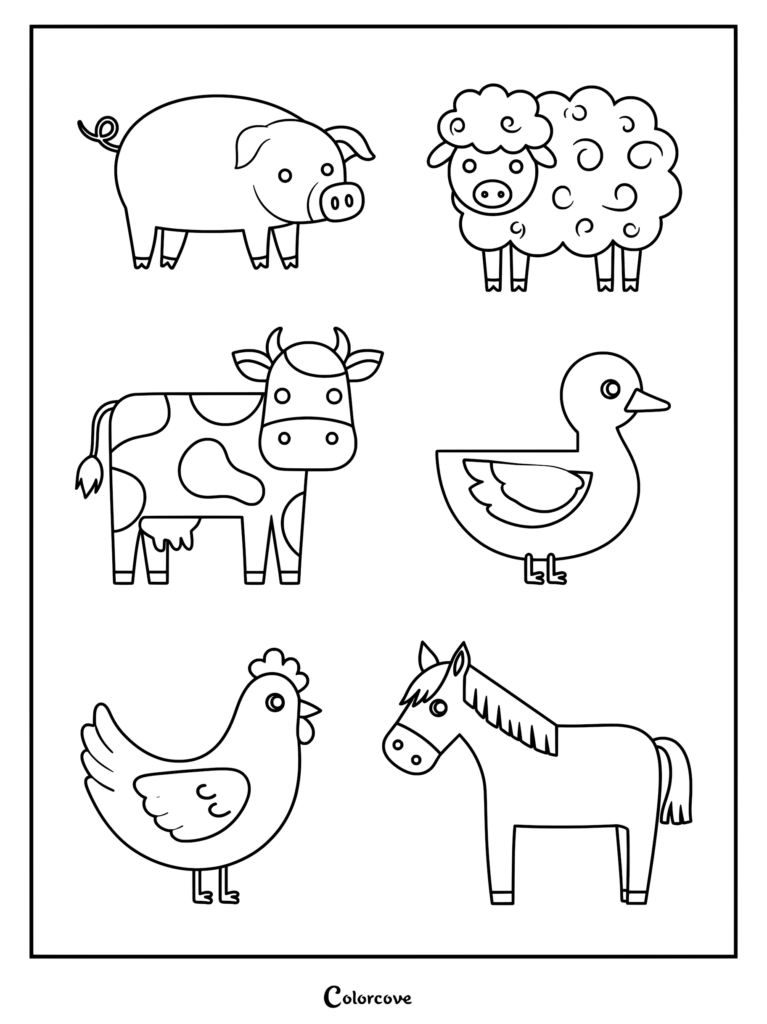 Six farm animal coloring page outlines in grid