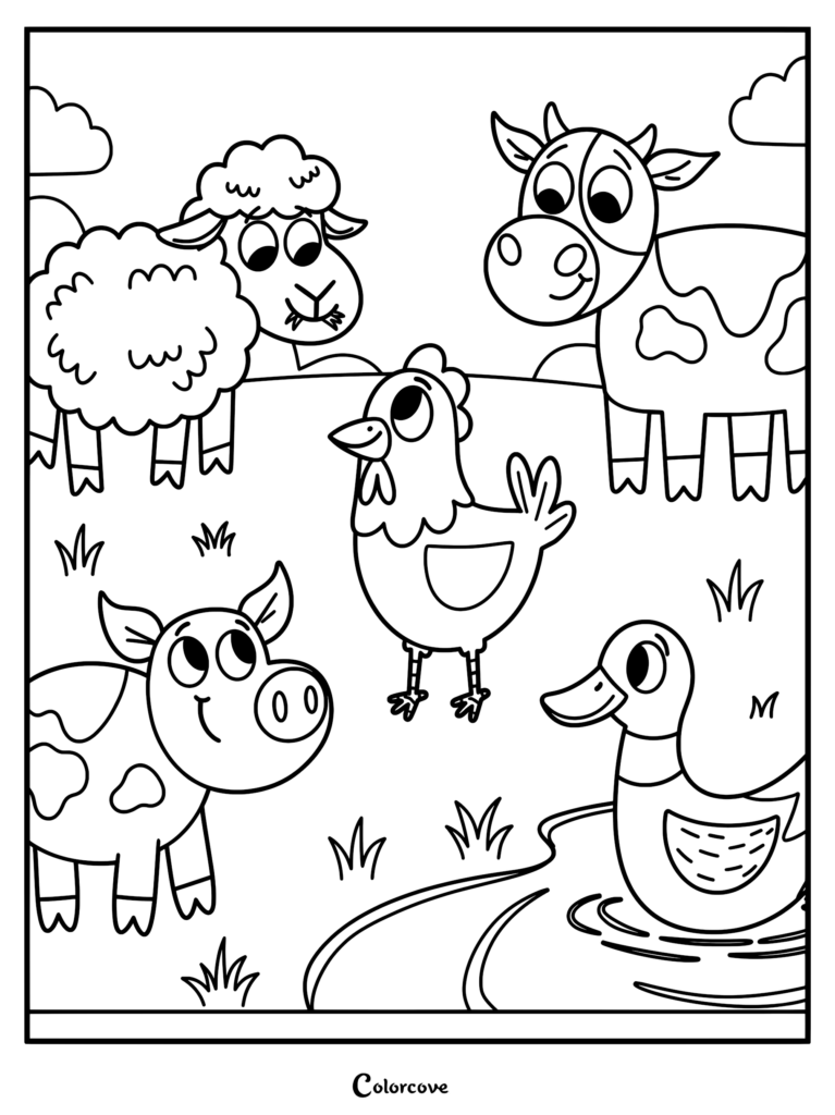 Cartoon farm animals in a pasture, black-and-white coloring page