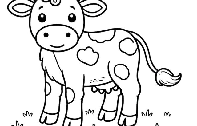 Cartoon cow standing on grass, black-and-white outline drawing