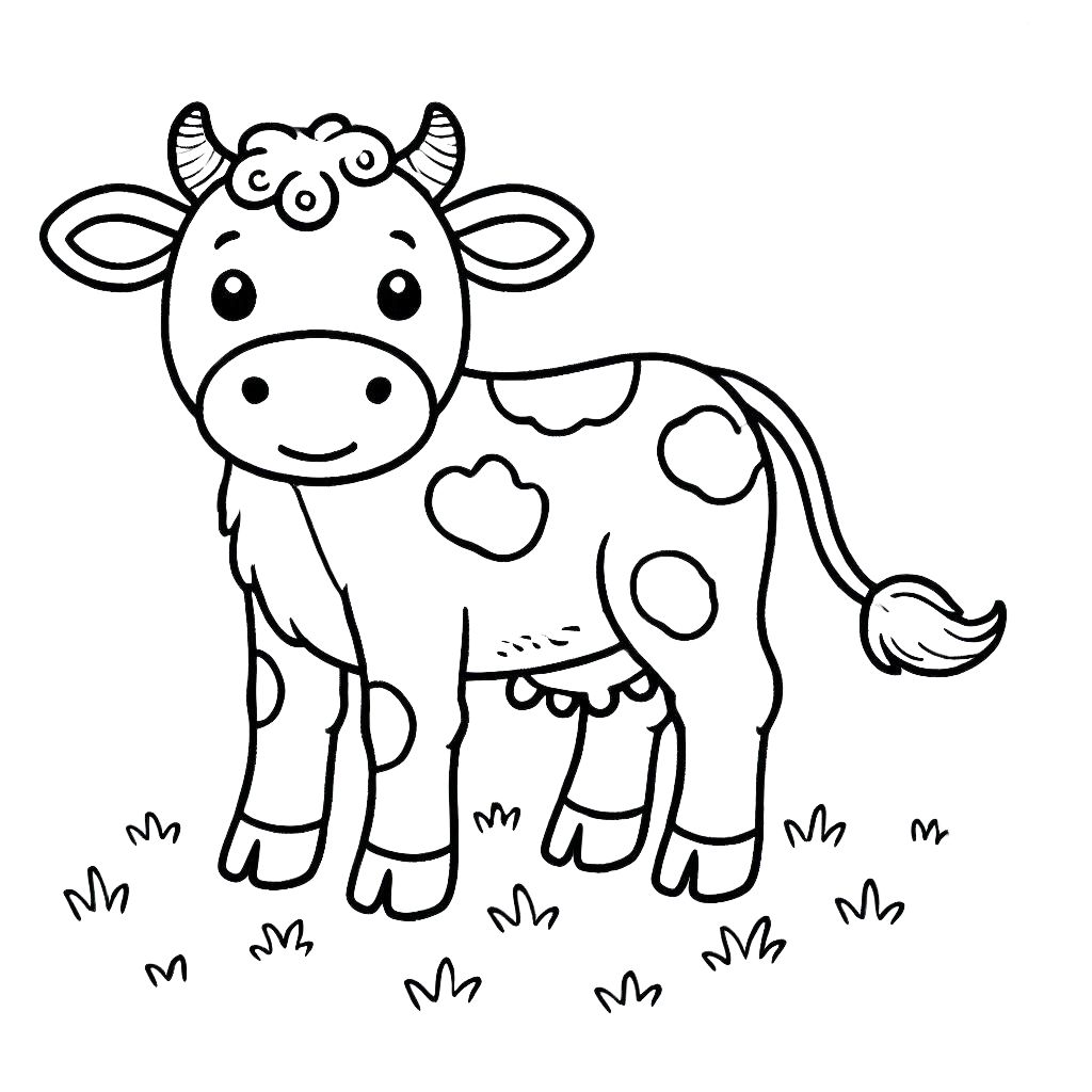 Cartoon cow standing on grass, black-and-white line drawing