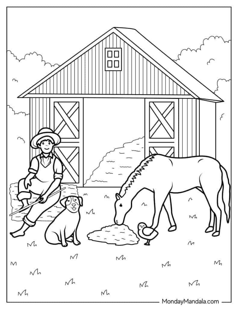 Barn scene with farmer, horse, dog, and chick