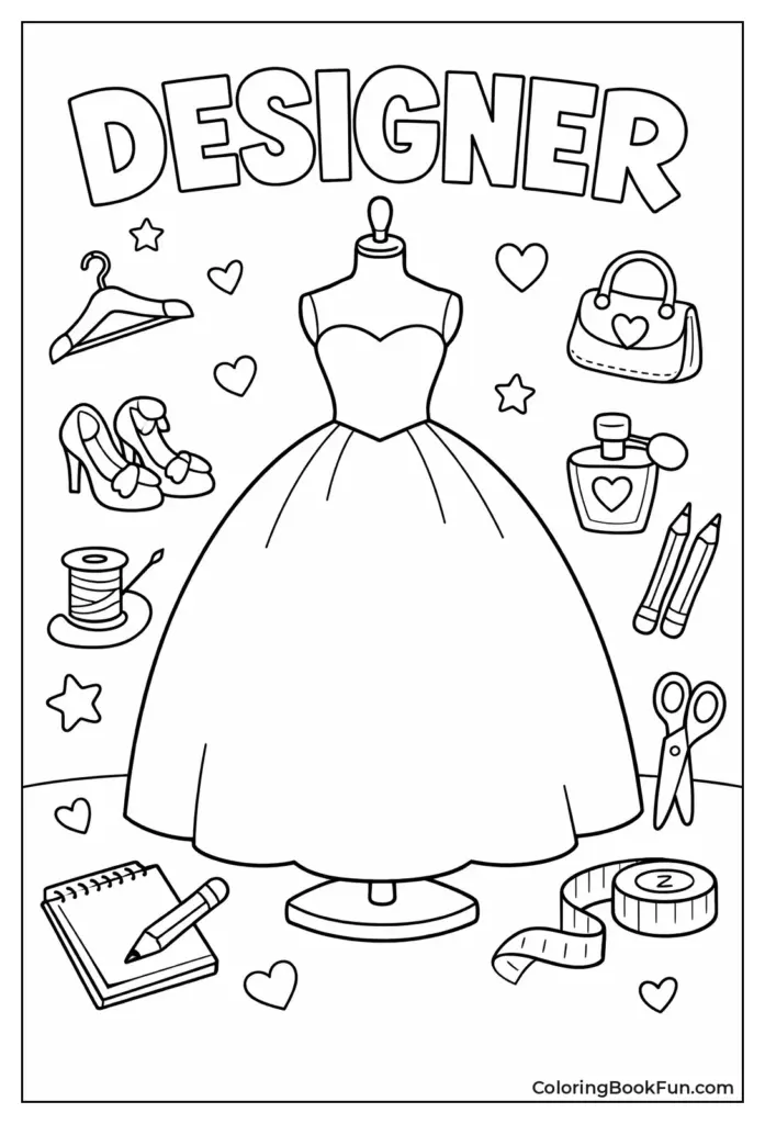 Fashion coloring page with dress, accessories, and hearts