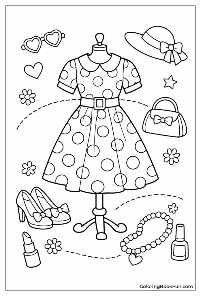 Fashion coloring page with dress and accessories