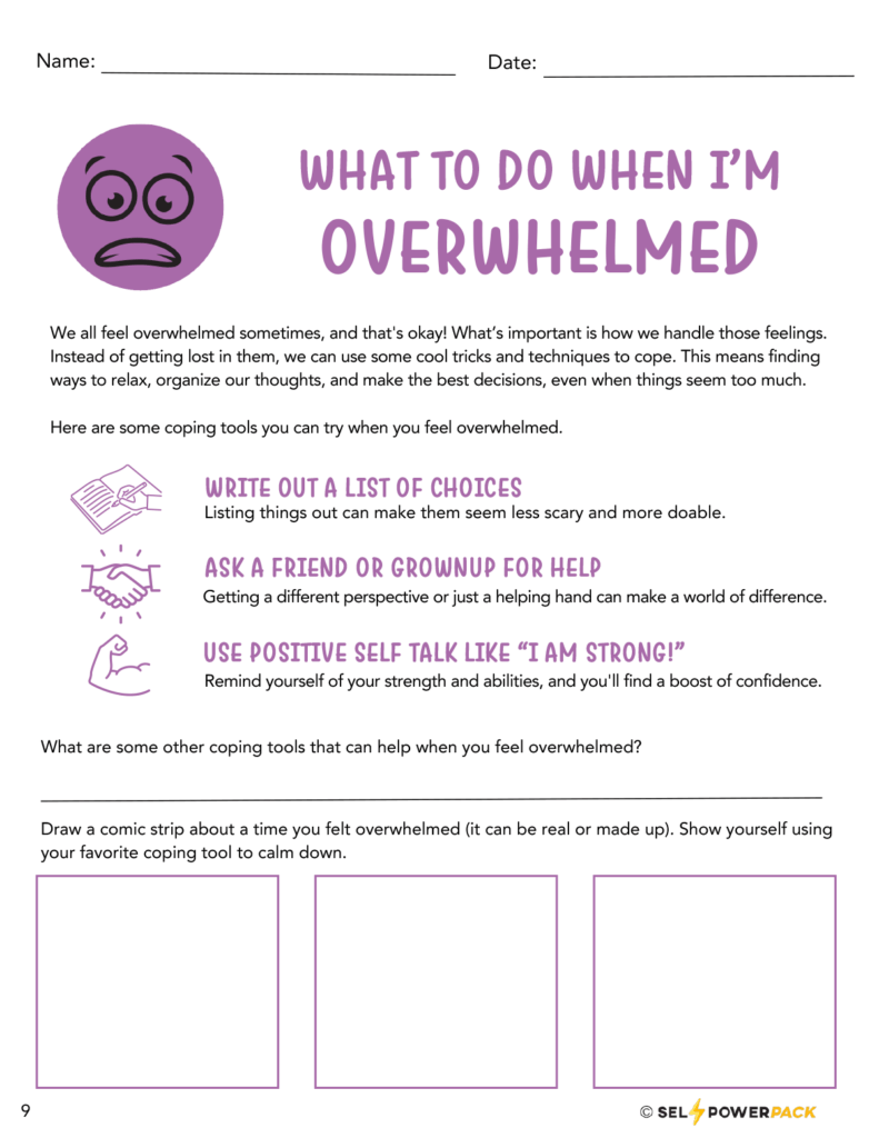 Social emotional worksheet about feeling overwhelmed
