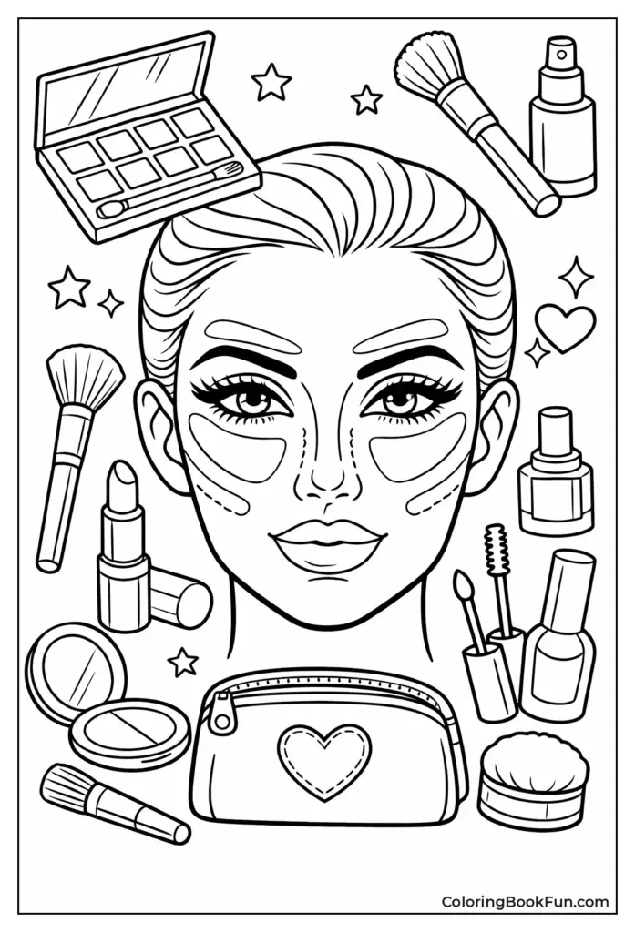 Black-and-white coloring page of a woman’s face with makeup tools