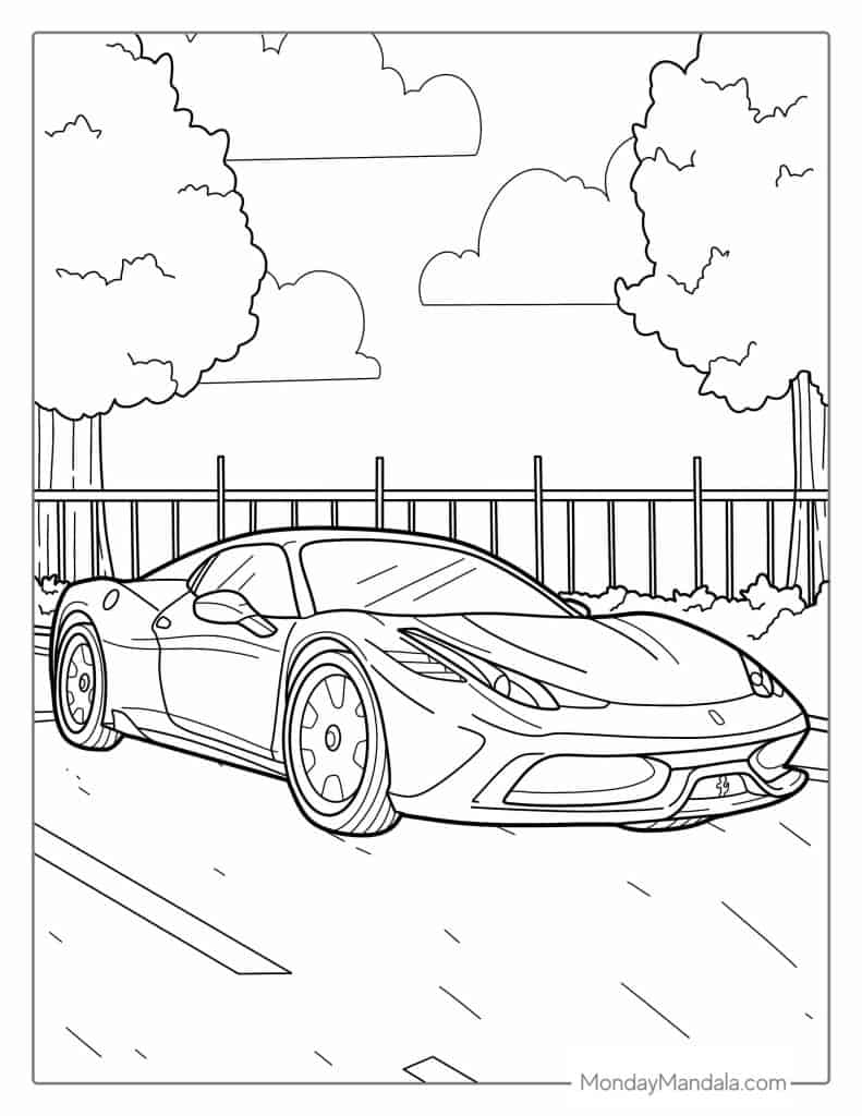 Line drawing of sports car on a road near trees