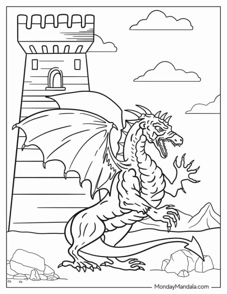 Coloring page of dragon beside a castle tower
