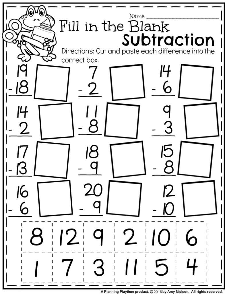 Black-and-white subtraction worksheet with frog clip art and answer boxes