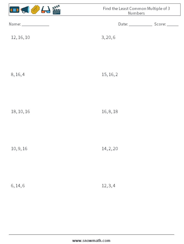 Least common multiple worksheet with numbered problems
