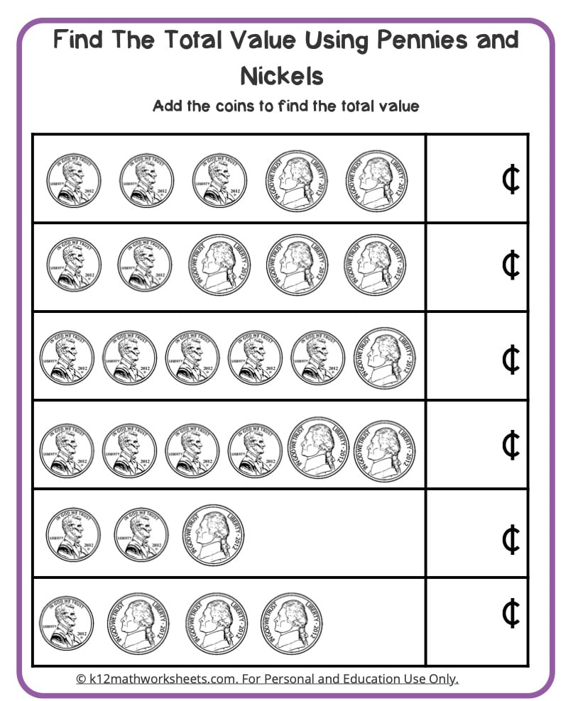 Pennies and nickels worksheet with coin rows