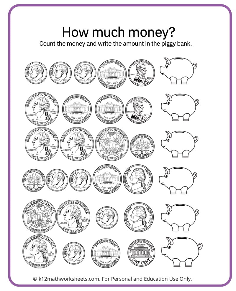 Money counting worksheet with coins and piggy banks