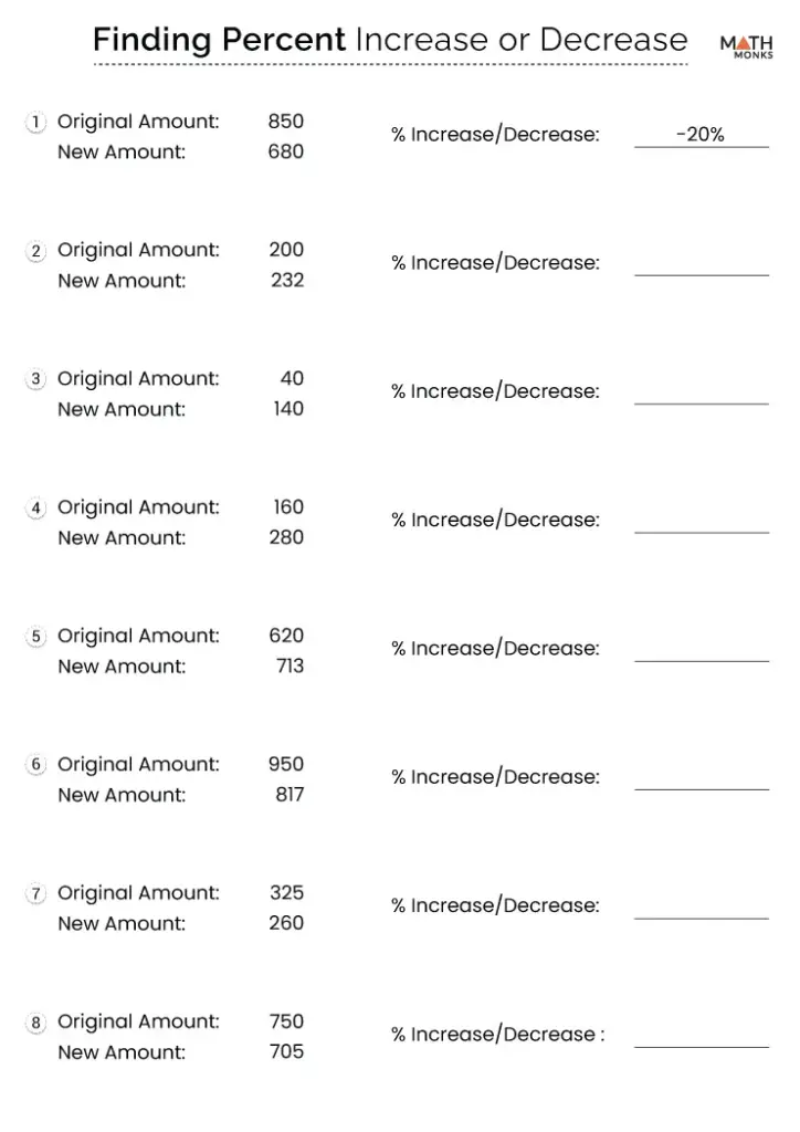 Math worksheet titled Finding Percent Increase or Decrease