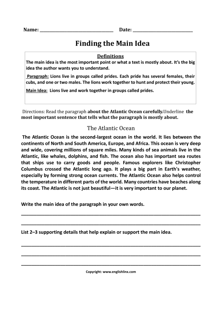 Main idea worksheet about the Atlantic Ocean and supporting details