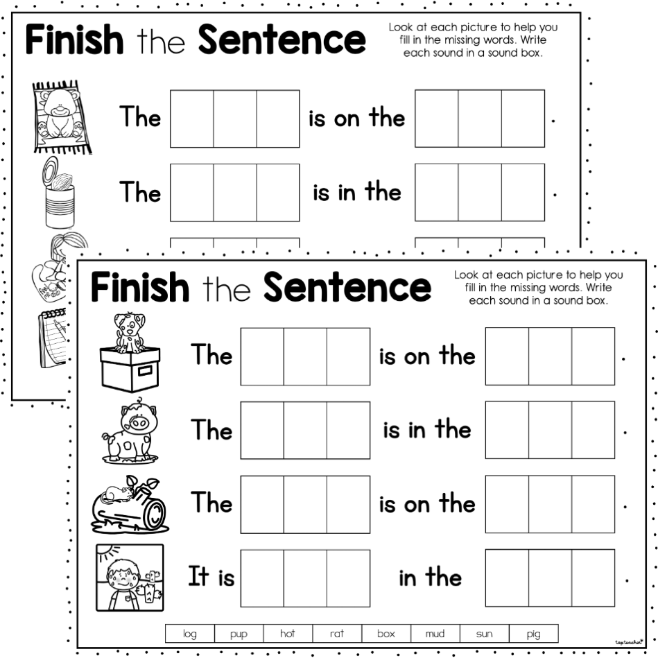 Two overlapping black-and-white worksheet pages with picture sentence blanks