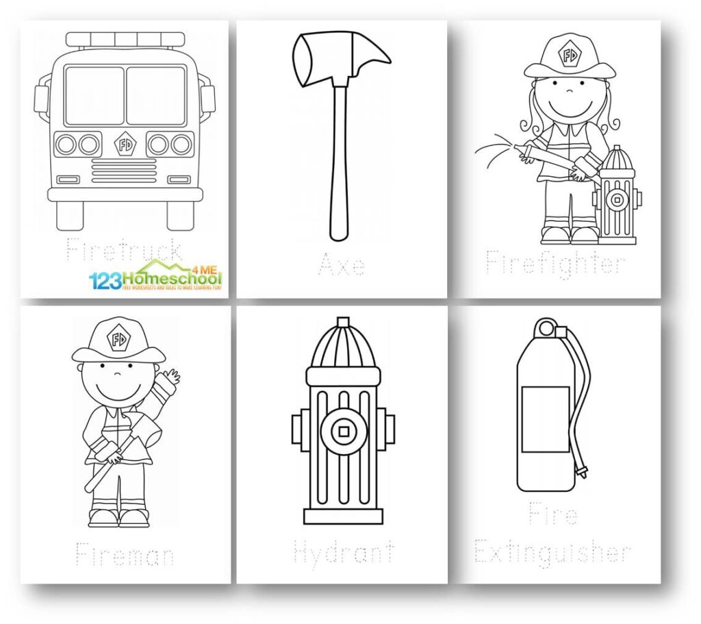 Six fire safety coloring page drawings in grid