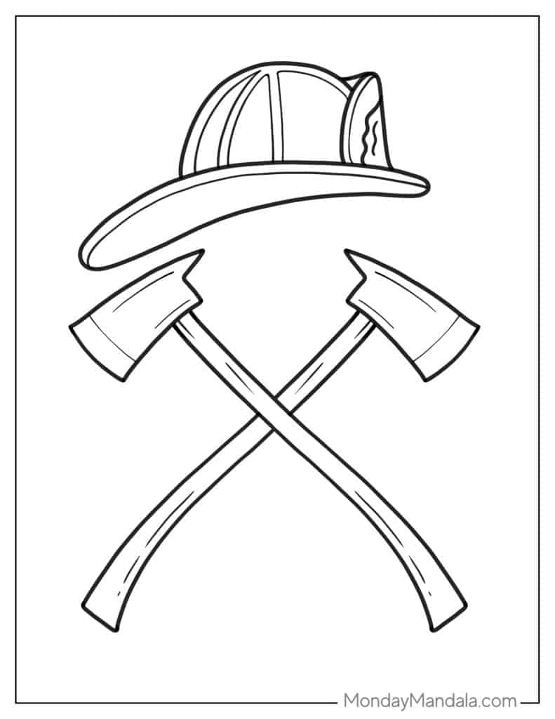 Crossed axes beneath a firefighter helmet drawing